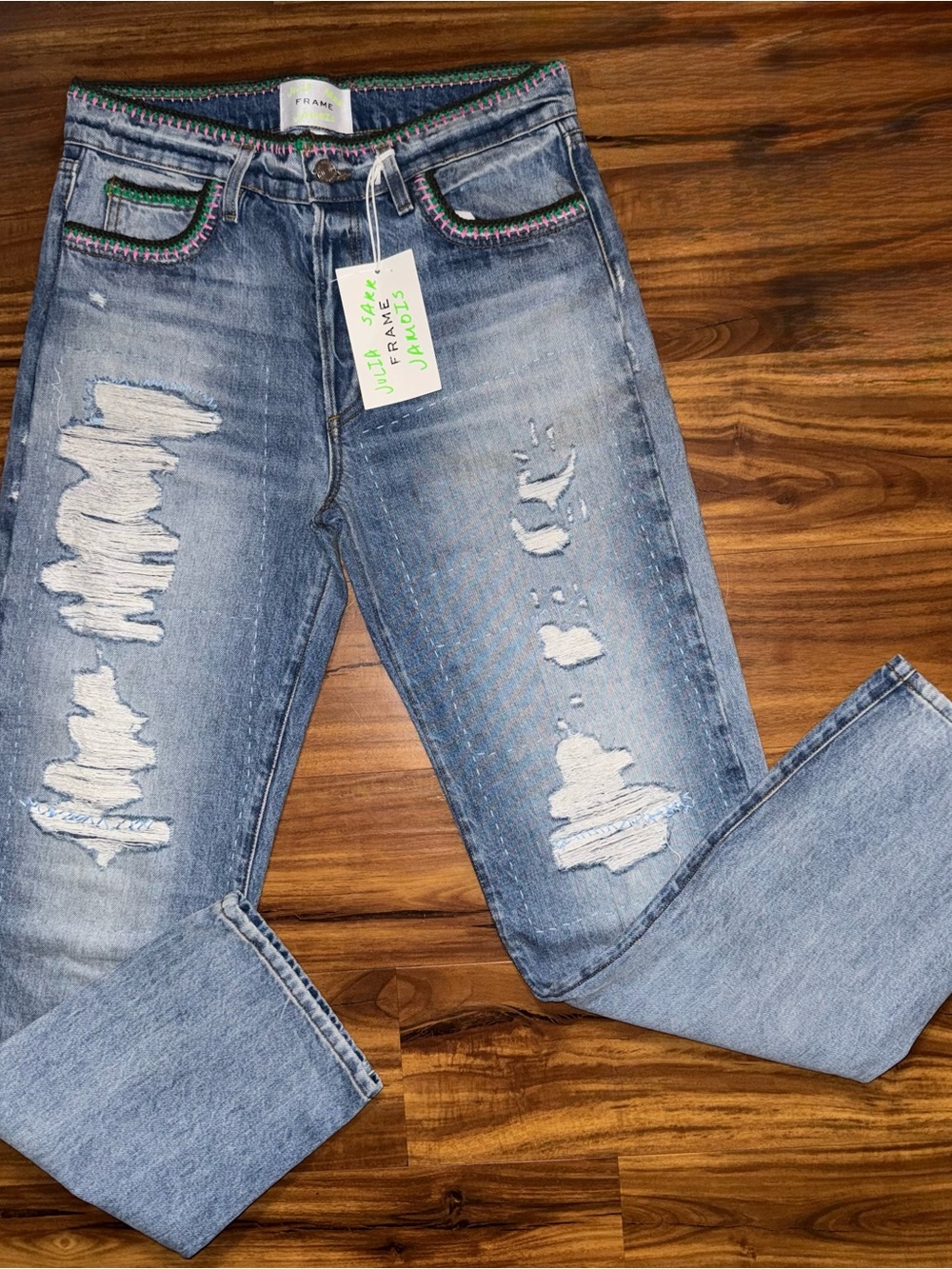 Frame Denim Light Blue Distressed Boyfriend Jeans with Embroidered Trim
